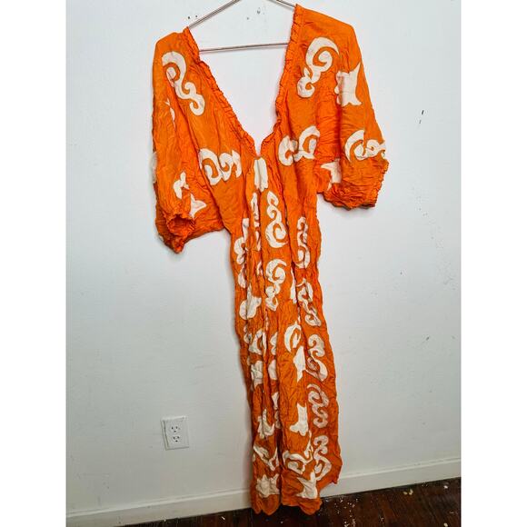 CHUFY Orange White Design Cupro Blend 3/4 Sleeves Lucia Maxi Dress Size Medium - Picture 9 of 16